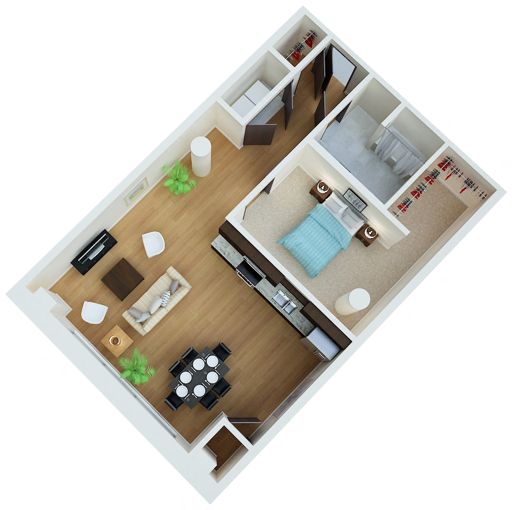 Floor plan for 1 bed, 1 bath, 965 sqft
